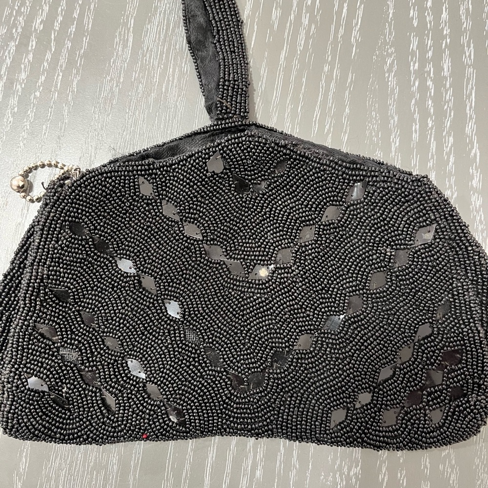 “Midnight Chevron “ Chic Black Beaded Wristlet Vintage Clutch